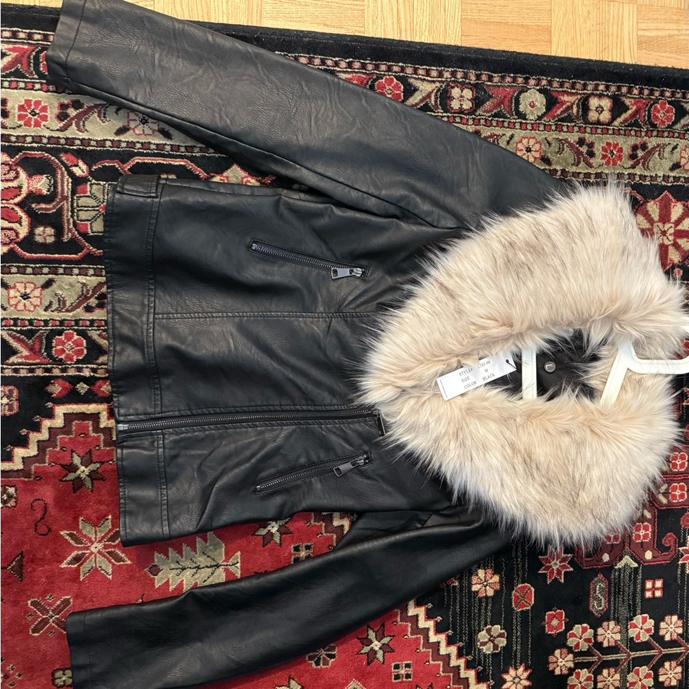 Love Token Black and Cream Leather Jacket with Faux Fur Trim